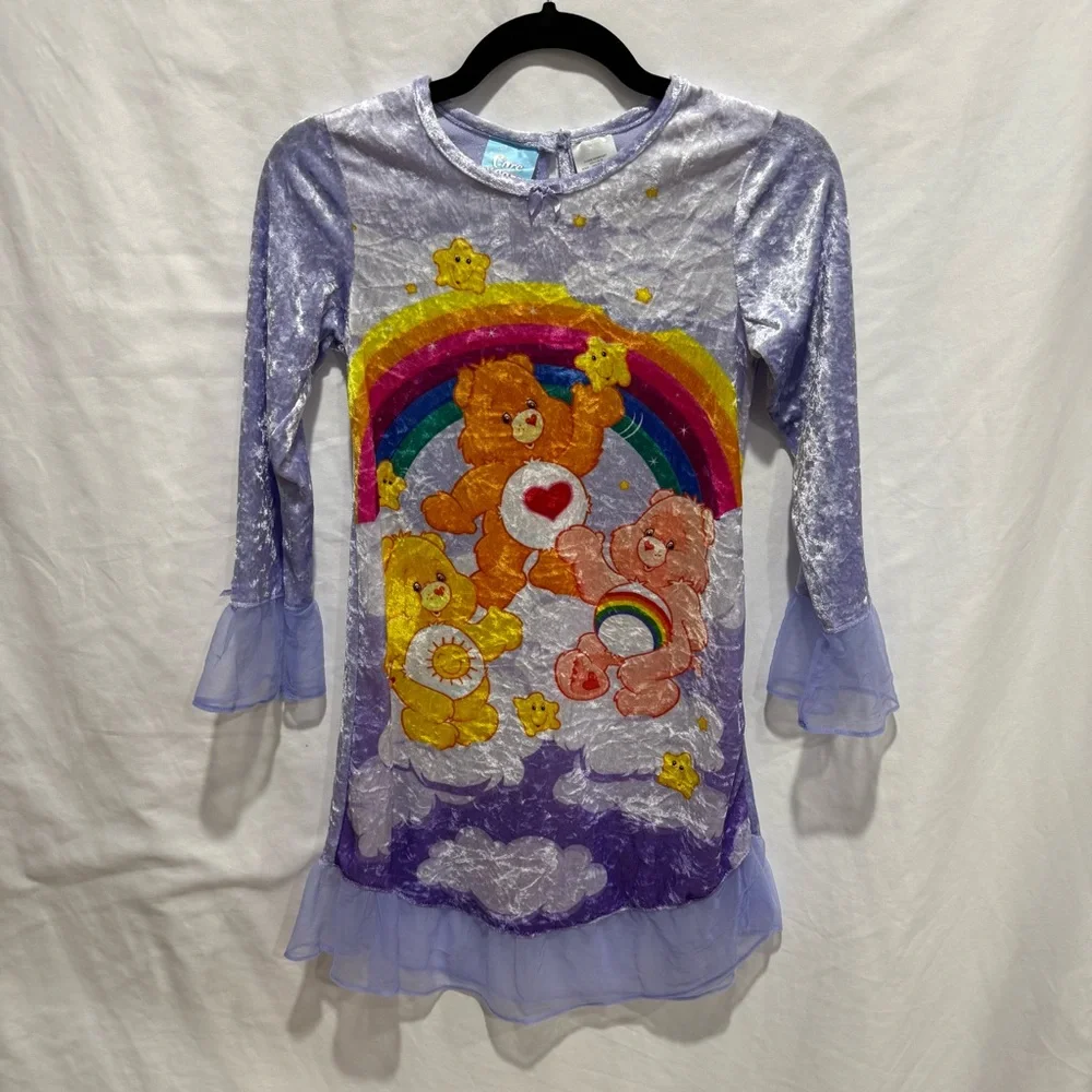 Vintage 2004 Care Bears Purple Velvet‎ Nightgown Dress Kids Size 10 Rainbow Gift